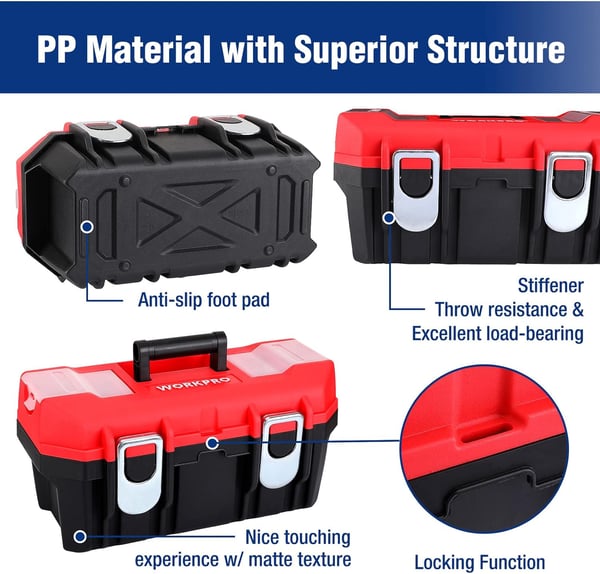 WORKPRO Tool Box Portable 16 with Removable Tray Heavy Duty Toolbox with 2 Metal Latches Rated up to 33 Lbs PP Plastic Small Tool Boxes with Lock Secured Small Parts Organizer in Lid black amp redWORKPRO Tool Box Portable 16 with Removable Tray Heavy Duty Toolbox with 2 Metal Latches Rated up to 33 Lbs PP Plastic Small Tool Boxes with Lock Secured Small Parts Organizer in Lid black amp red