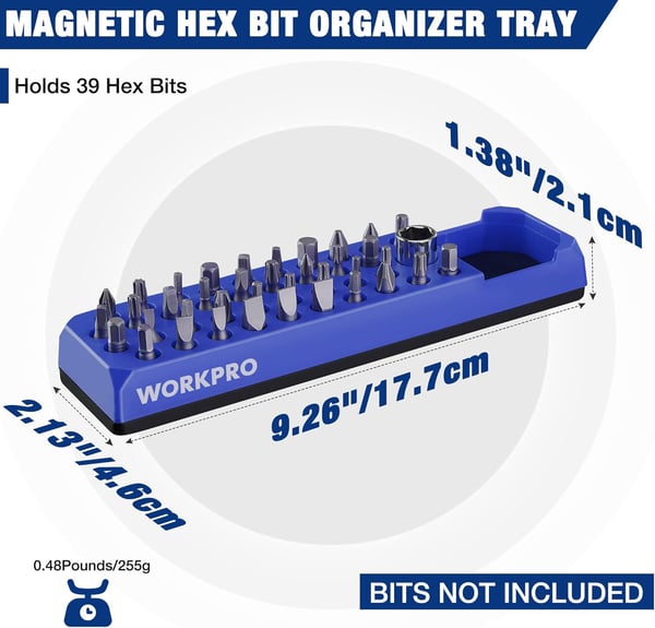 WORKPRO Magnetic Hex Bit Organizer 39 Hole Screwdriver Drill Bit Holder Tray with Strong Magnetic Base Accessories Storage Grid for 14 Inch Hex Bit amp Drive Bit Adapter Red Bits Not IncludedBlue