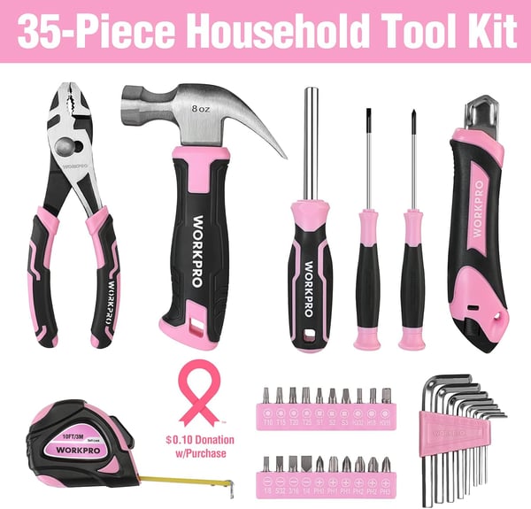 WORKPRO 35Piece Pink Tools Set Household Tool Kit with Storage Toolbox Basic Tool Set for Home Garage Apartment Dorm New House Back to School and as a Gift  Pink RibbonPink