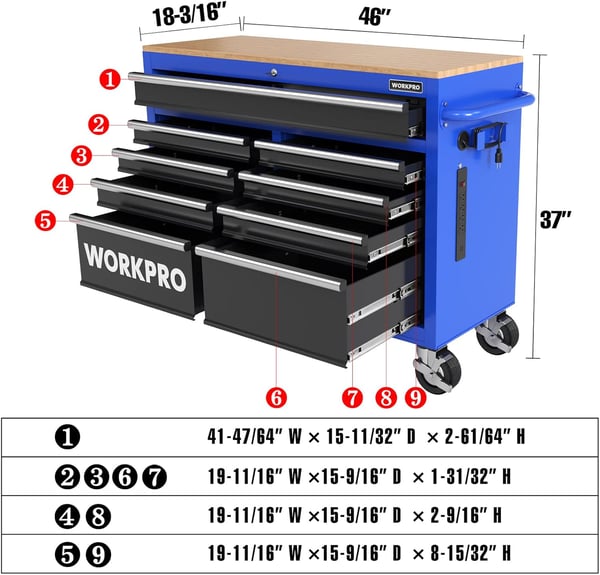 WORKPRO 42Inch 7Drawers Rolling Tool Chest Mobile Tool Storage Cabinet with Wooden Top Equipped with Casters Handle Drawer Liner and Locking System 1000 lbs Load Capacity46 inch