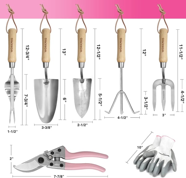 WORKPRO Garden Tools Set 7 Piece Stainless Steel Heavy Duty Gardening Tools with Wooden Handle Including Garden Tote Gloves Trowel Hand Weeder Cultivator and MoreGardening Gifts For Women MenPink