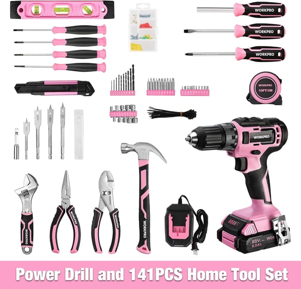 WORKPRO 20V Pink Cordless Drill Driver and Home Tool Set 141PCS Hand Tool Kit for DIY Home Maintenance 20 Ah Liion Battery 1 Hour Fast Charger and Tool Box Included  Pink RibbonWORKPRO 20V Pink Cordless Drill Driver and Home Tool Set 141PCS Hand Tool Kit for DIY Home Maintenance 20 Ah Liion Battery 1 Hour Fast Charger and Tool Box Included  Pink Ribbon