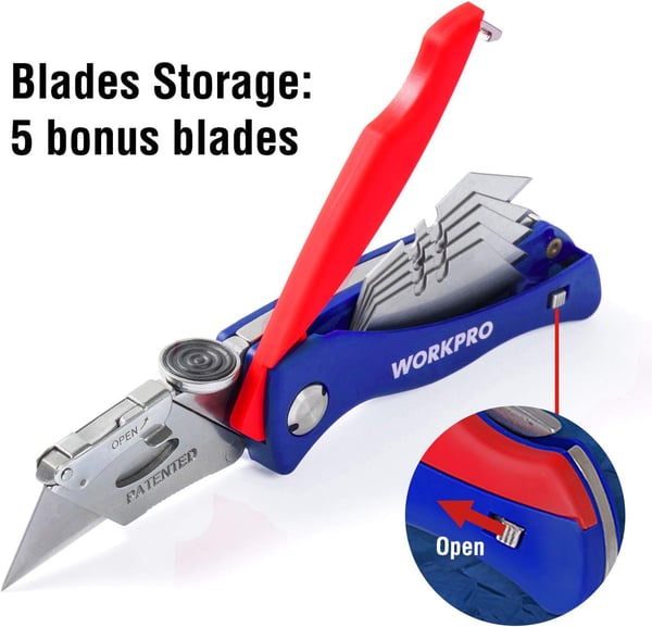 WORKPRO Folding Utility Knife QuickChange Box Cutter Blade Storage in Handle with 5 Extra Blades IncludedWORKPRO Folding Utility Knife QuickChange Box Cutter Blade Storage in Handle with 5 Extra Blades Included