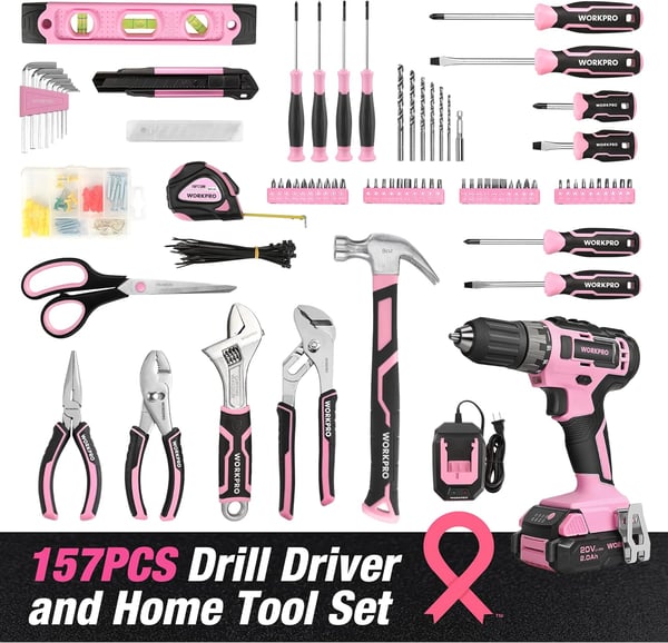 WORKPRO Pink Drill Set 157PCS Tool Kit For Home with 20V Cordless Drill Household Pink Tool Kit including Electric Screwdriver Pink Hammer Tool Kit for Women and Men with Pink Tool BagPink RibbonWORKPRO Pink Drill Set 157PCS Tool Kit For Home with 20V Cordless Drill Household Pink Tool Kit including Electric Screwdriver Pink Hammer Tool Kit for Women and Men with Pink Tool BagPink Ribbon