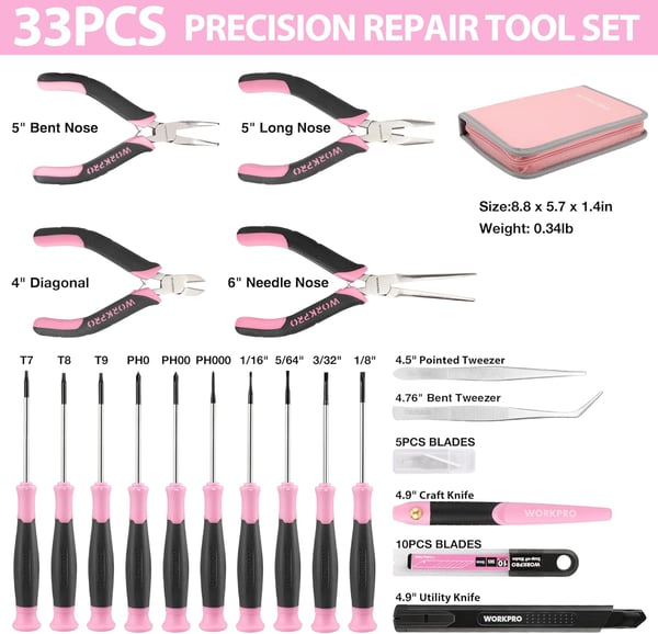 WORKPRO 33PCS Precision Repair Tool Set Includes Pliers Set Screwdrivers Set Craft amp Utility Knife Tweezers Electronic Repair Tool Kit with Pouch for Laptops Phones Computer  Pink RibbonPink