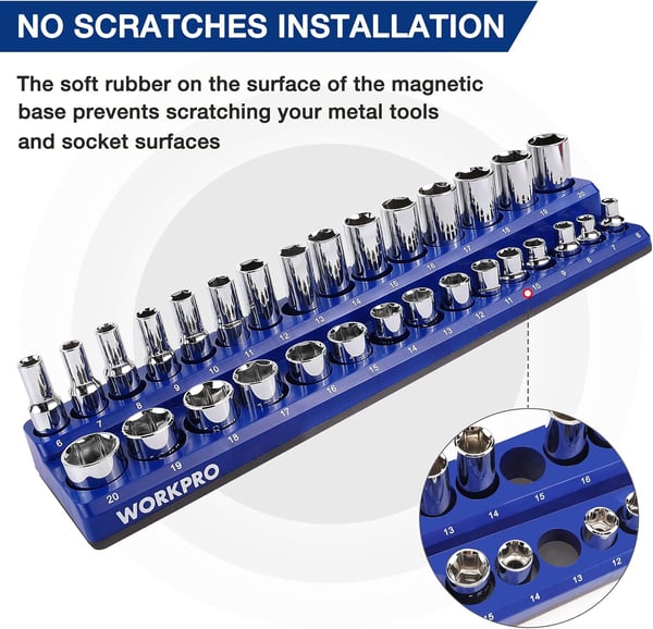 WORKPRO Magnetic Socket Organizer Set 6Piece Socket Holder Set Includes 14 38 12 Drive Metric SAE Socket Trays Holds 141 Pieces Standard Size and Deep Size SocketsSocket not IncludedWORKPRO Magnetic Socket Organizer Set 6Piece Socket Holder Set Includes 14 38 12 Drive Metric SAE Socket Trays Holds 141 Pieces Standard Size and Deep Size SocketsSocket not Included