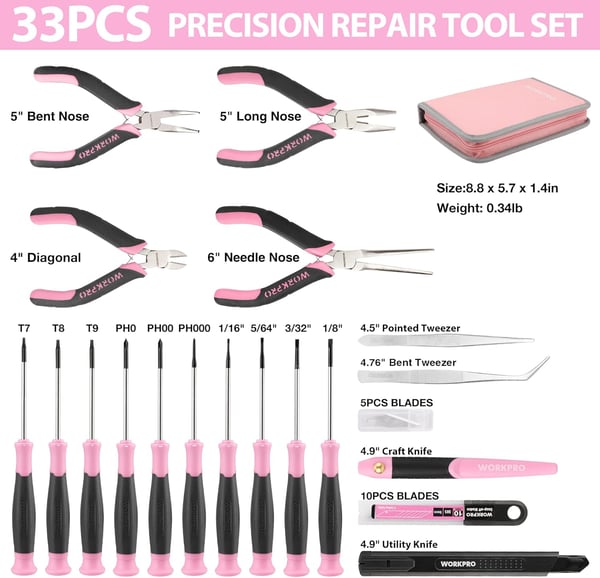 imageWORKPRO 33PCS Precision Repair Tool Set Includes Pliers Set Screwdrivers Set Craft ampamp Utility Knife Tweezers Electronic Repair Tool Kit with Pouch for Laptops Phones Computer  Pink RibbonPink