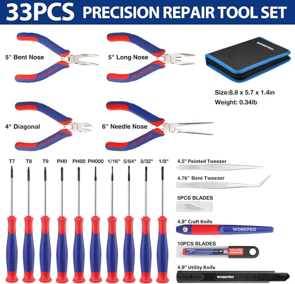 WORKPRO 33PCS Precision Repair Tool Set Includes Pliers Set Screwdrivers Set Craft amp Utility Knife Tweezers Electronic Repair Tool Kit with Pouch for Laptops Phones Computer  Pink RibbonBlue