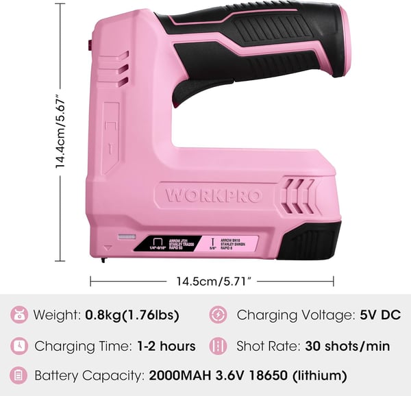 imageWORKPRO 36V Power Electric Cordless 2in1 Staple and Nail Gun 20Ah Battery Powered Stapler for Upholstery Crafts DIY Including USB Charger Cable 2000PCS of Staples and Nails  Pink RibbonPink