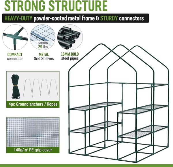 WORKPRO Greenhouse 56 x 56 x 77 Heavy Duty Walk in Greenhouses for Outdoors with Screen Windows Thicken PE Cover 3 Tier 8 Shelves Portable Green House Kit for Patio Backyard and Porch56 L X 56 W X 77 H Walk in Large