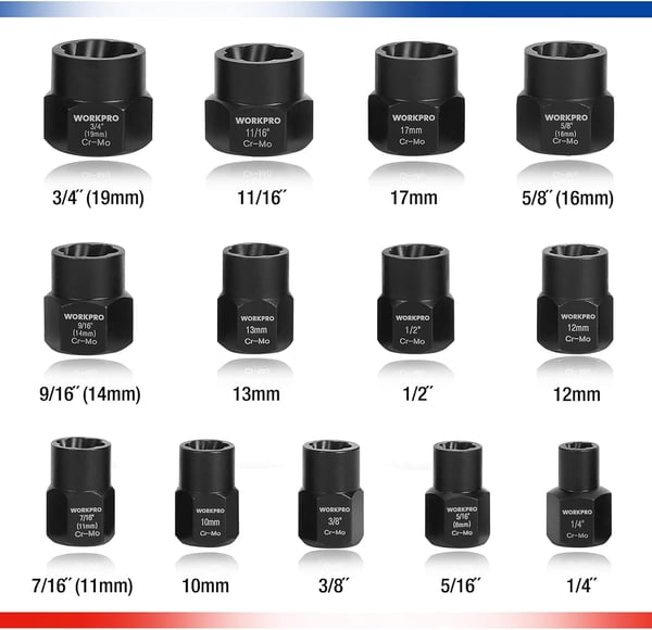 WORKPRO 15 Pieces Impact Bolt amp Nut Remover Set 38 Drive Bolt Extractor for Removing Stripped Damaged Rounded off and Rusted Bolts amp NutsWORKPRO 15 Pieces Impact Bolt amp Nut Remover Set 38 Drive Bolt Extractor for Removing Stripped Damaged Rounded off and Rusted Bolts amp Nuts