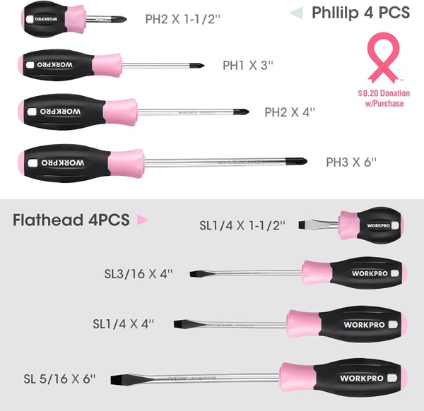 imageWORKPRO Magnetic Screwdrivers Set 8piece Pink Hand tools for Womens Includes Philips Flathead Slotted Stubby Screwdrivers with Organizer Rack  Pink Ribbon