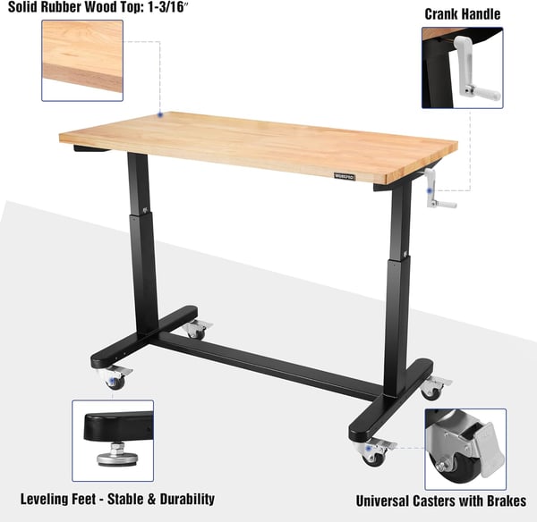 WORKPRO 48 Height Adjustable Work Table with Crank Handle and Casters 48 x 24 Wooden Top Standing Desk Workbench Heights from 2938 500 Lbs Load Capacity for Garage Office Home4FT Height Adjustable