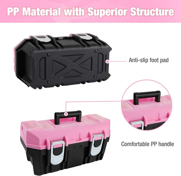 WORKPRO 16inch Tool Box Pink Plastic Toolbox with Metal Latch and Removable Tray Small Tool Storage Organizer with Lock Secured  Pink RibbonWORKPRO 16inch Tool Box Pink Plastic Toolbox with Metal Latch and Removable Tray Small Tool Storage Organizer with Lock Secured  Pink Ribbon