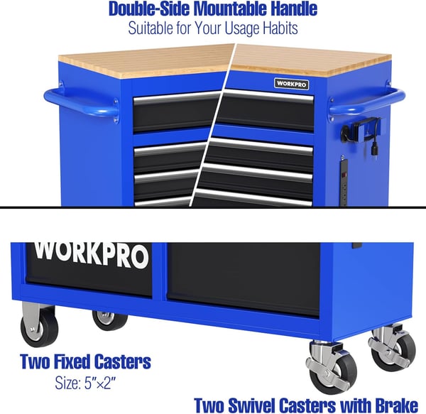 WORKPRO 42Inch 7Drawers Rolling Tool Chest Mobile Tool Storage Cabinet with Wooden Top Equipped with Casters Handle Drawer Liner and Locking System 1000 lbs Load Capacity46 inch