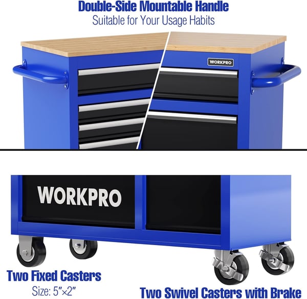 WORKPRO 42Inch 7Drawers Rolling Tool Chest Mobile Tool Storage Cabinet with Wooden Top Equipped with Casters Handle Drawer Liner and Locking System 1000 lbs Load Capacity42 inch