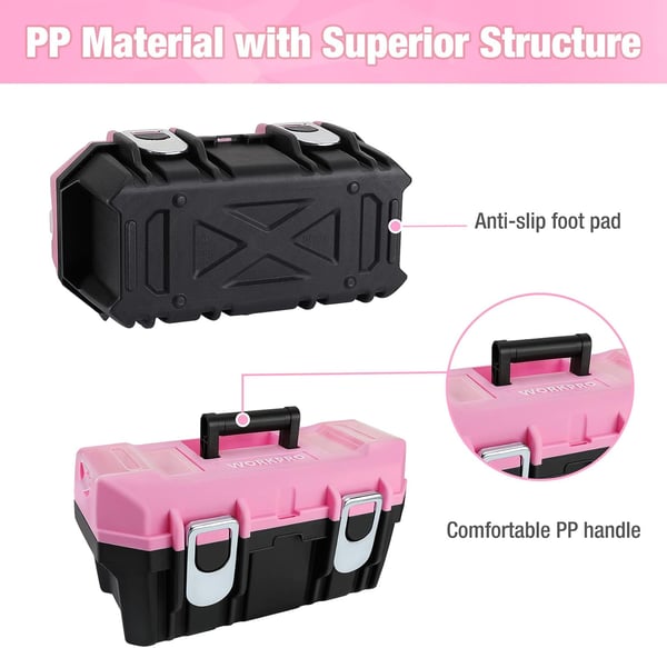 imageWORKPRO 16inch Tool Box Pink Plastic Toolbox with Metal Latch and Removable Tray Small Tool Storage Organizer with Lock Secured  Pink Ribbon