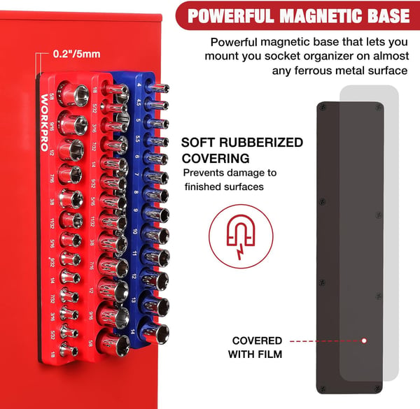 WORKPRO 38inch Magnetic Socket Organizer Set 2Piece SAE amp Metric Socket Holders Holds 56 Standard and Deep Sockets for Tool Box Tool Carts Sockets Not Included14 SAEampMetric