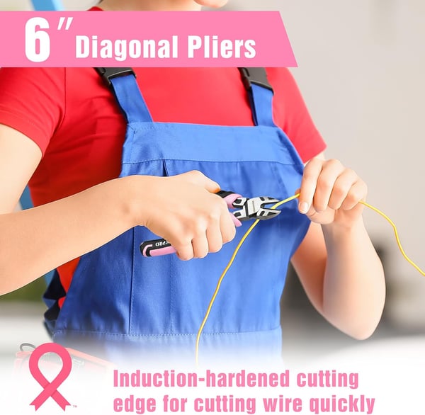 imageWORKPRO 3Piece Pliers Set Pink Pliers Tool Set Including Needle Nose Pliers Diagonal Cutting Pliers and Slip Joint Pliers for Plumbing Automotive and General Applications  Pink Ribbon