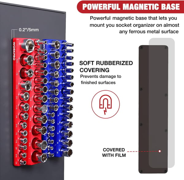 WORKPRO 38inch Magnetic Socket Organizer Set 2Piece SAE amp Metric Socket Holders Holds 56 Standard and Deep Sockets for Tool Box Tool Carts Sockets Not Included38 SAEampMetric