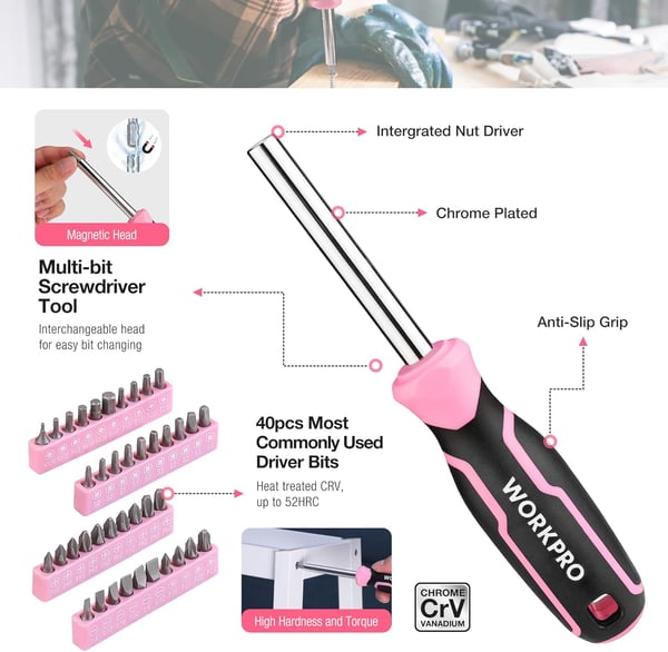 imageWORKPRO Pink Tool Box 258PCS Pink Tool Kit for Home Complete Household Tool Set with Pink Hammer Screwdriver Set Portable Toolkit for Home Repair New Apartment HouseWarming DIY  Pink Ribbon