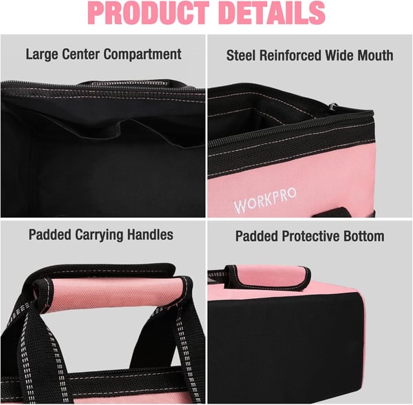 WORKPRO 13inch Tool Bag Wide Mouth Tool Tote Bag with Inside Pockets for Tool StoragePink