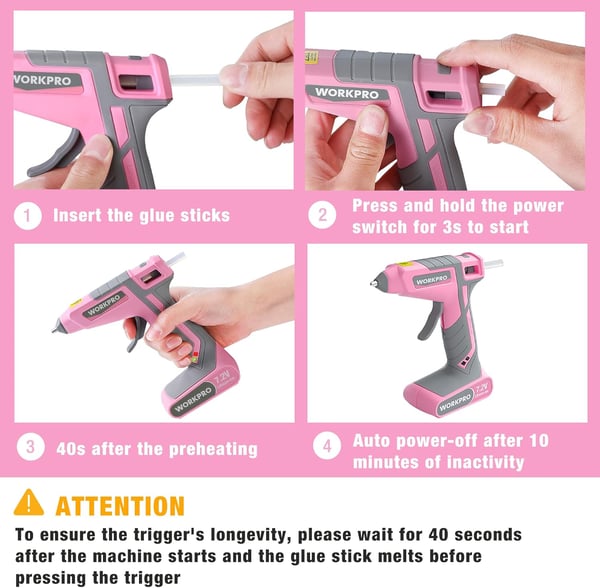 WORKPRO Pink Cordless Hot Melt Glue Gun 72V Rechargeable Fast Preheating Glue Gun Kit with 20 Pc Premium Mini Glue Stick AutomaticPowerOff Glue Gun for Art Craft Decoration  Pink RibbonPink