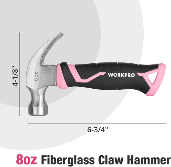 imageWORKPRO 8 oz Claw Hammer with Fiberglass Handle All Purpose Hammer with Forged Hardened Steel Head Smooth Face ampamp Shock Reduction Grip  Pink Ribbon8oz