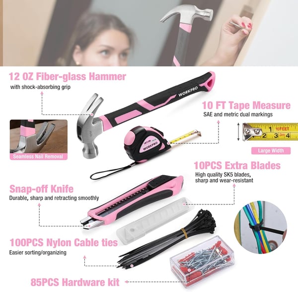 imageWORKPRO Pink Tool Box 284PCS Pink Household Tool Set Pink Tool Kit for Home with Sockets Pliers Ratchet Handle Portable Toolkit for Home Repair New Apartment HouseWarming DIY  Pink Ribbon