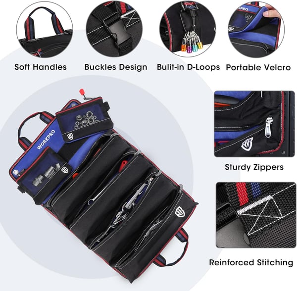 WORKPRO Roll Up Tool Bag Tool Roll Up Bag with Detachable Tool Pouches Heavy Duty Tool Bag Organizer with 6 Pockets Tool Roll Organizer for Mechanic Electrician Plumber and CarpenterWORKPRO Roll Up Tool Bag Tool Roll Up Bag with Detachable Tool Pouches Heavy Duty Tool Bag Organizer with 6 Pockets Tool Roll Organizer for Mechanic Electrician Plumber and Carpenter