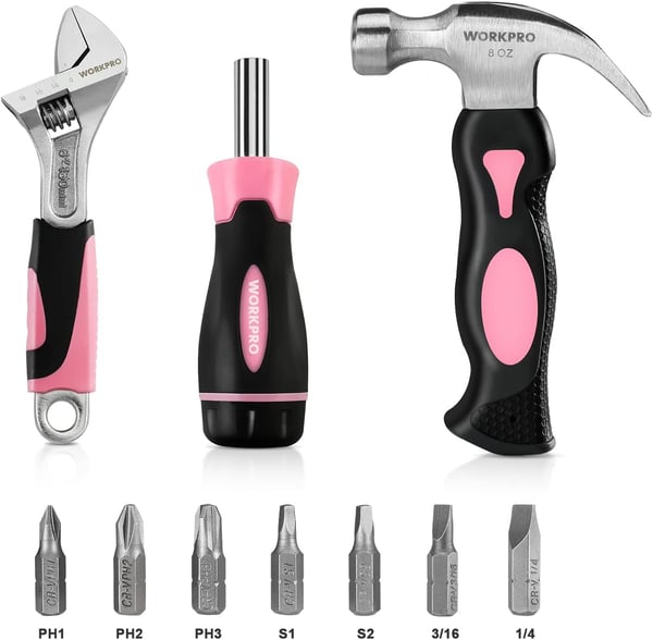 WORKPRO 10piece Pink Tool Kit Household Tools Set with Screwdriver Bits Holder Set Adjustable Wrench and Stubby Claw HammerPink RibbonWORKPRO 10piece Pink Tool Kit Household Tools Set with Screwdriver Bits Holder Set Adjustable Wrench and Stubby Claw HammerPink Ribbon