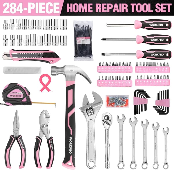 imageWORKPRO Pink Tool Box 284PCS Pink Household Tool Set Pink Tool Kit for Home with Sockets Pliers Ratchet Handle Portable Toolkit for Home Repair New Apartment HouseWarming DIY  Pink Ribbon