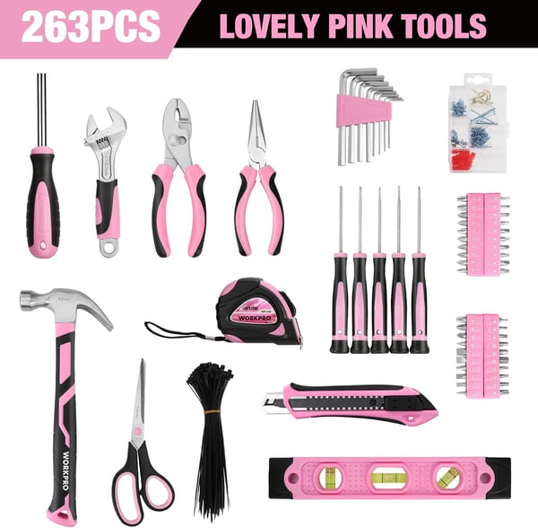 imageWORKPRO Pink Tool Kit 263Piece Home Repairing Tool Set with Wide Mouth Open Storage Bag Household Tool Kit  Pink Ribbon