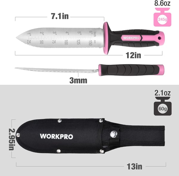 WORKPRO Hori Hori Garden Knife 7 Stainless Steel Blade with Cutting Edge Garden Tools with Oxford Sheath Ergonomic TRP Handle with Hanging Hole for Weeding Planting Digging PinkPink