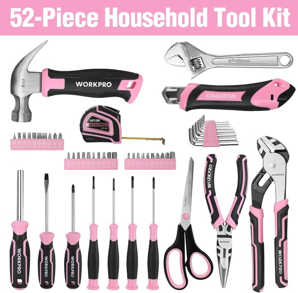 WORKPRO 52Piece Pink Tools Set Household Tool Kit with Storage Toolbox Basic Tool Set for Home Garage Apartment Dorm New House Back to School and as a Gift  Pink RibbonWORKPRO 52Piece Pink Tools Set Household Tool Kit with Storage Toolbox Basic Tool Set for Home Garage Apartment Dorm New House Back to School and as a Gift  Pink Ribbon