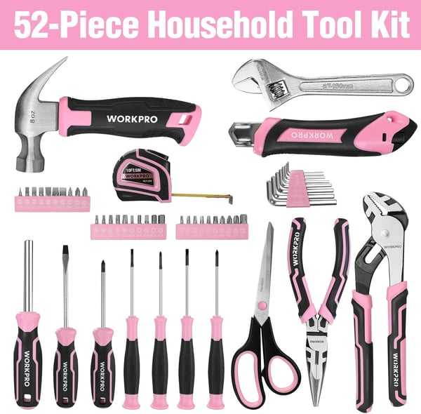 imageWORKPRO 52Piece Pink Tools Set Household Tool Kit with Storage Toolbox Basic Tool Set for Home Garage Apartment Dorm New House Back to School and as a Gift  Pink Ribbon