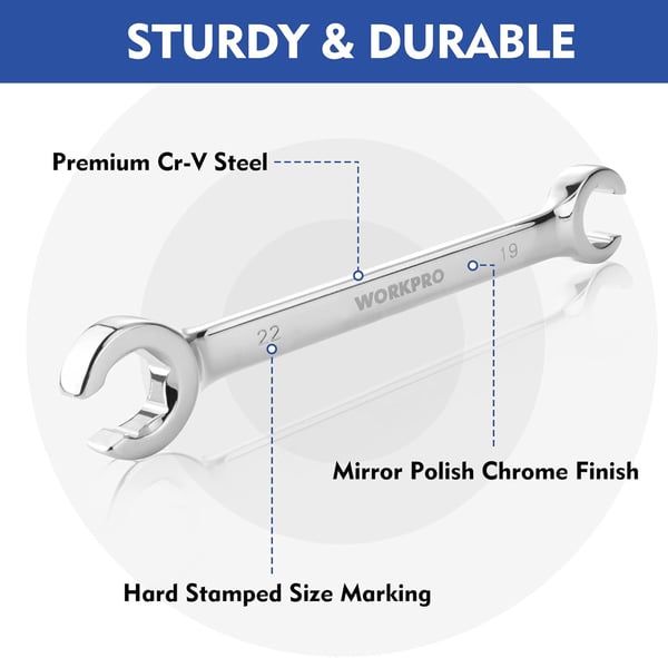 WORKPRO Flare Nut Wrench Set Metric 4piece 10 12 13 14 15 17 19 22mm CrV Steel 15 Offset End Brake Line Wrenches Set Organizer Pouch IncludedWORKPRO Flare Nut Wrench Set Metric 4piece 10 12 13 14 15 17 19 22mm CrV Steel 15 Offset End Brake Line Wrenches Set Organizer Pouch Included