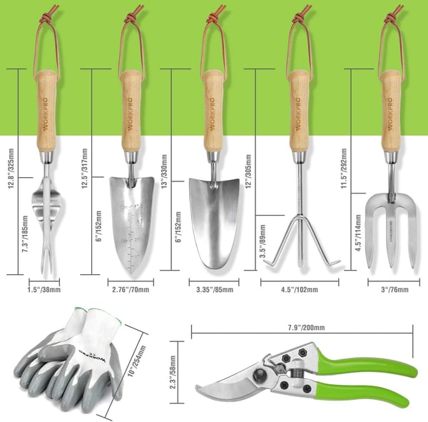 WORKPRO Garden Tools Set 7 Piece Stainless Steel Heavy Duty Gardening Tools with Wooden Handle Including Garden Tote Gloves Trowel Hand Weeder Cultivator and MoreGardening Gifts For Women MenGreen