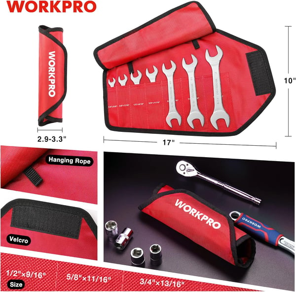 WORKPRO Metric SuperThin Open End Wrench Rollup Set 7PCS 55 to 23 mm UltraSlim Thin Wrench Set with Organizer Pouch for Thin Nuts Narrow SpacesSAE