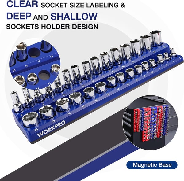 WORKPRO Magnetic Socket Organizer Set 6Piece Socket Holder Set Includes 14 38 12 Drive Metric SAE Socket Trays Holds 141 Pieces Standard Size and Deep Size SocketsSocket not IncludedWORKPRO Magnetic Socket Organizer Set 6Piece Socket Holder Set Includes 14 38 12 Drive Metric SAE Socket Trays Holds 141 Pieces Standard Size and Deep Size SocketsSocket not Included