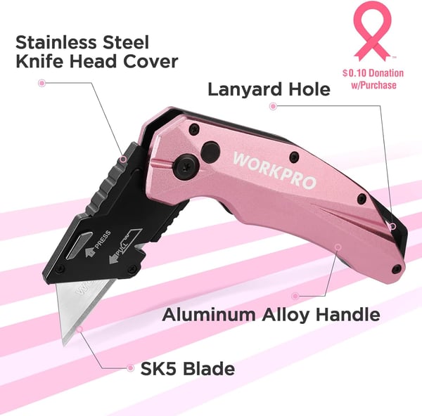 WORKPRO Folding Utility Knife Quick Change SK5 Pink Box Cutter Aluminum Handle Razor Knife for Boxes Cartons Cardboard 10 Extra Blades Included  Pink RibbonWORKPRO Folding Utility Knife Quick Change SK5 Pink Box Cutter Aluminum Handle Razor Knife for Boxes Cartons Cardboard 10 Extra Blades Included  Pink Ribbon