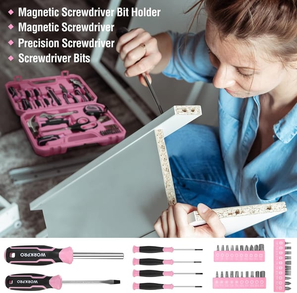 imageWORKPRO 52Piece Pink Tools Set Household Tool Kit with Storage Toolbox Basic Tool Set for Home Garage Apartment Dorm New House Back to School and as a Gift  Pink Ribbon