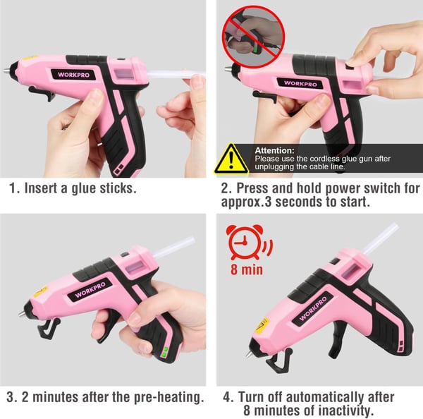 WORKPRO Cordless Hot Melt Glue Gun Rechargeable Fast Preheating Mini Glue Gun Kit with 20 Pcs Premium Glue Sticks AutomaticPowerOff Glue Gun for Art Crafts Decorations Fast Repairs Pink RibbonPink