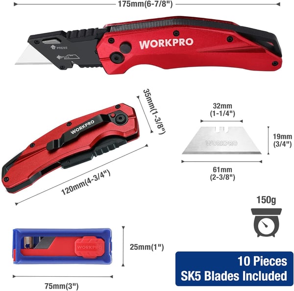 WORKPRO FoldingnbspUtility Knife Heavy Duty Metal Quick Open Axis Lock Box Cutter Quick Change Blade Razor Knife 1PC with 10 Extra SK5 BladesRed