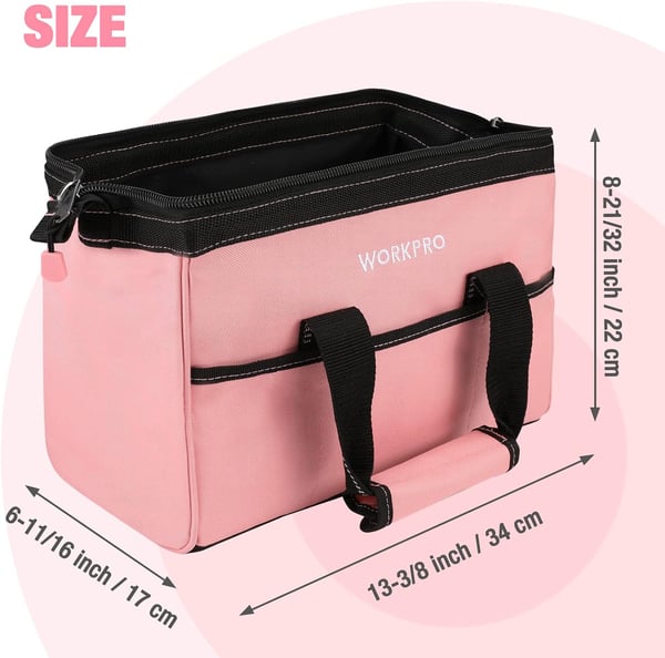 WORKPRO 13inch Tool Bag Wide Mouth Tool Tote Bag with Inside Pockets for Tool StoragePink