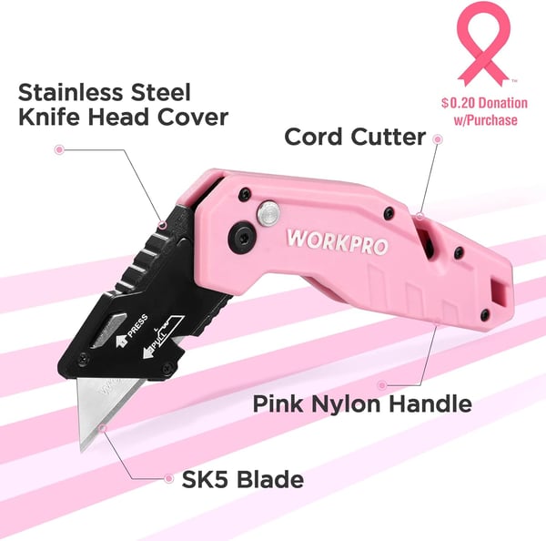 WORKPRO Folding Utility Knife Quick Change Box Cutter Pink Razor Knife for Cartons Cardboard Boxes 10 Extra Blades Included  Pink RibbonPink