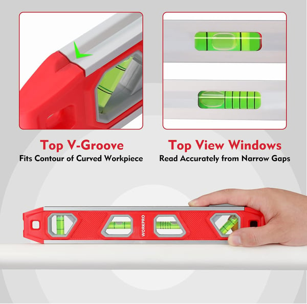 WORKPRO 12 Inch Torpedo Level Magnetic Small Leveler Tool Plumbing Level with Pitch Vial Aluminum Reinforced 4 Bubbles VGroove for Conduit Bending12 Inch Red