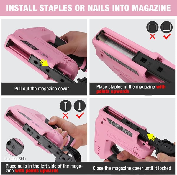 imageWORKPRO 36V Power Electric Cordless 2in1 Staple and Nail Gun 20Ah Battery Powered Stapler for Upholstery Crafts DIY Including USB Charger Cable 2000PCS of Staples and Nails  Pink RibbonPink