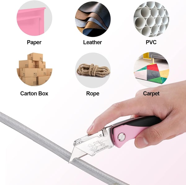 WORKPRO Folding Utility Knife Quick Change Box Cutter Pink Razor Knife for Cartons Cardboard Boxes with Blade Storage Design Extra 15 Blades Included  Pink RibbonPink