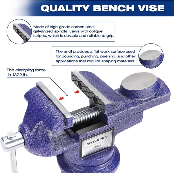 imageWORKPRO Bench Vise 25 Inch Jaw Width Universal Table Vise 360Swivel Base Home Vice Bench Clamp with Magnetic Jaw Pads Portable Clampon Vise Bench for Woodworking Metalworking Drilling